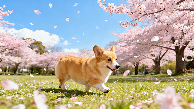 清新感与梦幻感交织，3D风与重拟物风结合，柯基在樱花纷飞的春日公园中奔跑，唯美可爱，实景感十足，虚拟自然之美跃然眼前。