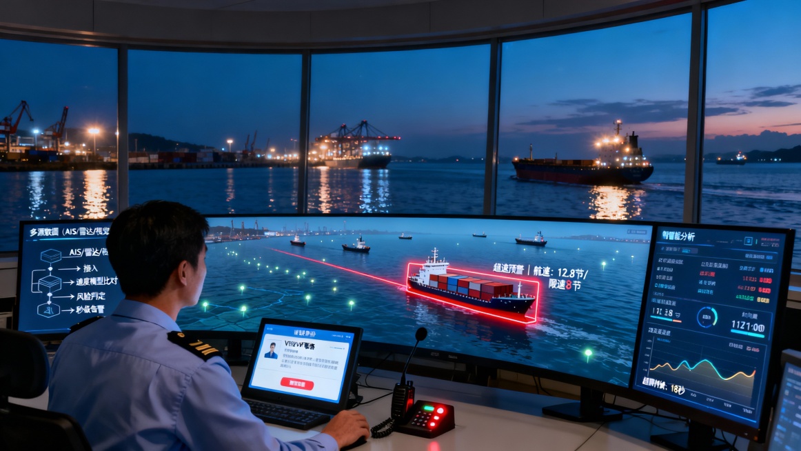 港口船舶交通管理中心内景，傍晚时分的深蓝暮色透过落地窗渗入。巨大的弧形监控屏幕是整个画面的视觉焦点，散发着柔和的冷色调背光。

主屏幕上清晰地分为三个智能分析区域。中央的电子海图正动态显示着港口水域的预览效果