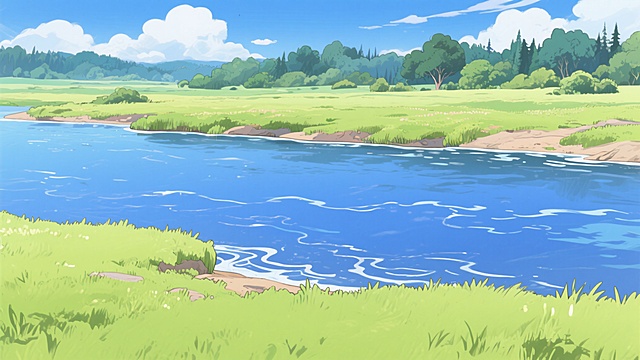 清新水彩风动漫场景，碧蓝湖水与绿茵草地交织，营造宁静自然氛围。