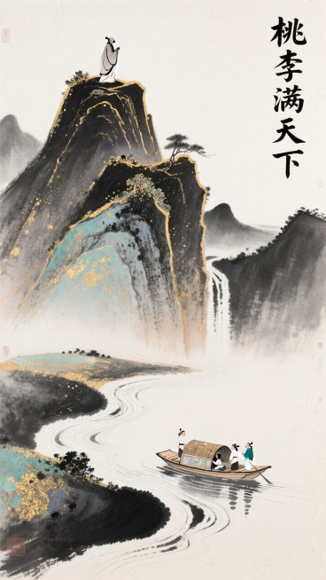 画面整体以墨色为主调，首先映入眼帘的，是占据画面中心偏上位置的一座巍峨山峰，此山峰便是老师侧影的化身。山峰线条简洁而有力，用淡墨勾勒出山的轮廓，体现出其雄浑壮阔的气势，中墨皴擦出山的纹理，表现出山的质预览效果