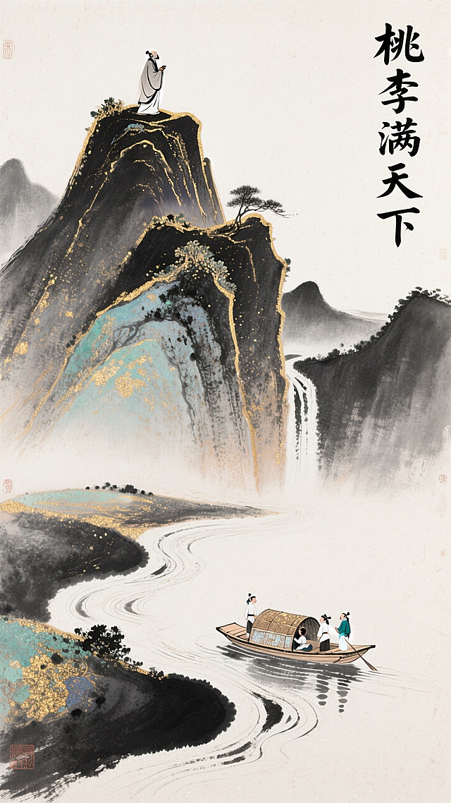 水墨风与鎏金风结合，古典中式山水超现实呈现，桃李满天下，意境深远。