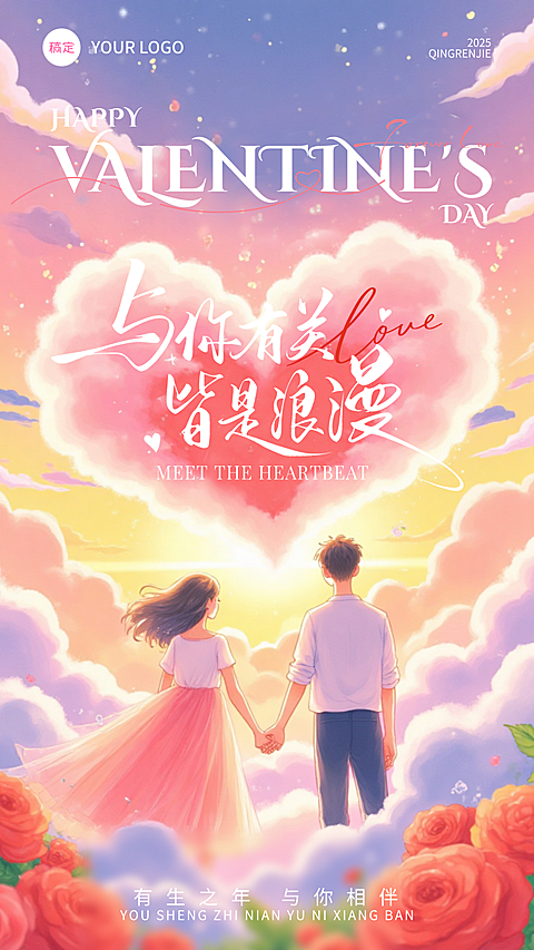情人节海报梦幻水彩插画风节日祝福微信朋友圈全屏竖版海报