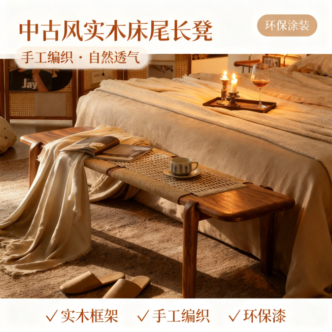 [主图 1] 中古风原木风长凳空间场景展示
[主图主题] 实木手工编织长凳氛围主图
[氛围/风格] 温馨中古风原木风家居，午后慵懒自然光，高级质感
[画面元素] 长凳主体居中放置于卧室床尾空间，周围搭预览效果