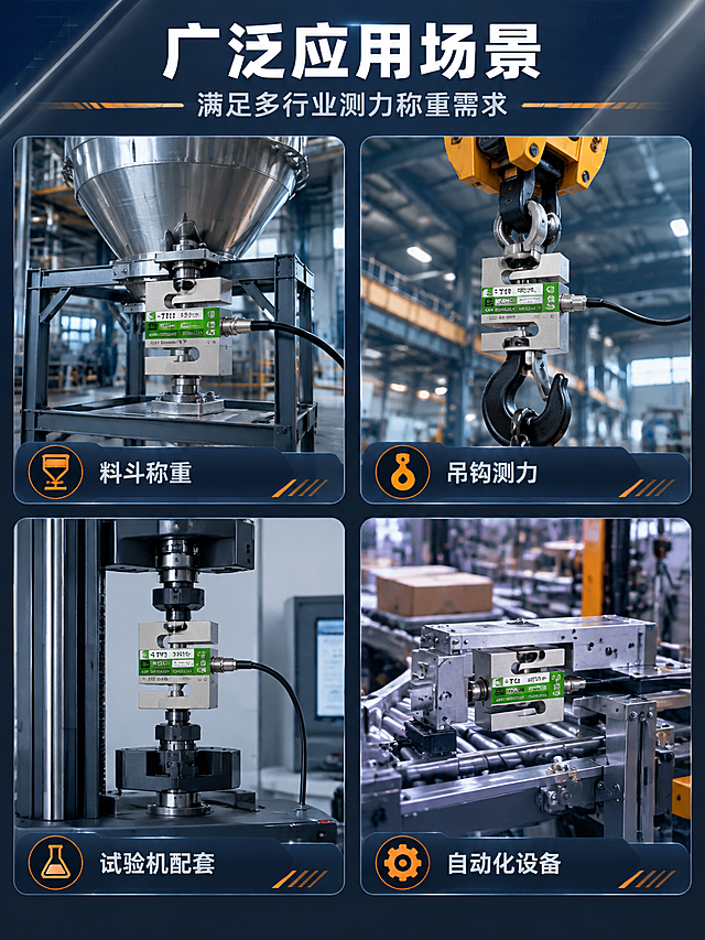 [商品] 使用【图1】中的S型拉压力传感器；保留S型金属结构、绿色铭牌、金属材质；商品处理：增强金属质感，保持产品原貌。
[画面] 目标：场景适配，展示产品应用领域。构图：四宫格场景拼图，每格一个应用场景，传感器自然融入场景中。景别：场景中景。阅读动线：顶部标题→四宫格从左到右从上到下。前中后景：每格独立场景，前景传感器，中景设备，后景工业环境。
[视觉] 套系策略：风格=工业科技风商业摄影；标题字=粗黑无衬线体；正文字=简洁无衬线体；主色=深蓝灰；背景延展=基于深蓝灰做深浅层级渐变、科技网格线、金属反光质感；强调色=金属银+橙色，仅用于小面积图标、引线、标签和高光；标题色=纯白；正文色=浅灰；组件=深色圆角场景标签卡、细线引线；光影=每格场景独立工业照明，突出传感器在场景中的存在感。
[文字] 顶部主标题「广泛应用场景」，副标题「满足多行业测力称重需求」，四宫格每格下方标注场景名称：料斗称重 / 吊钩测力 / 试验机配套 / 自动化设备，文字简洁清晰。
[规格] 图片比例3:4竖版，4K分辨率，避免变形、错字、文字过小、场景与产品融合不自然、产品比例失调。