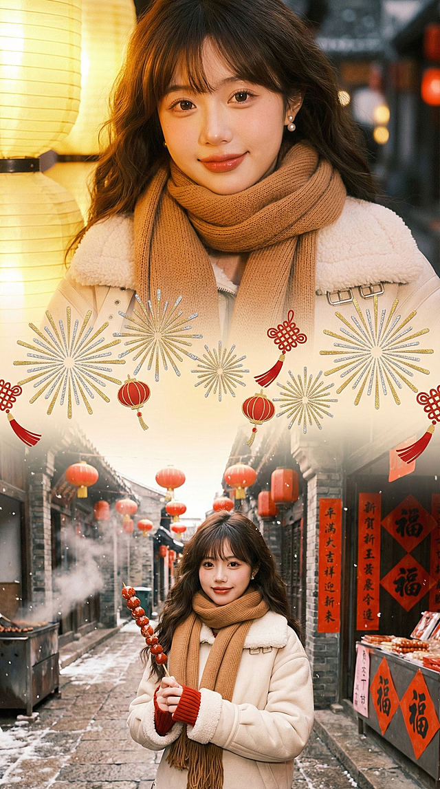 上宫格：大特写镜头，女生脸部特写，身着米白色羊羔毛外套，焦糖色针织围巾绕颈两圈，耳尖缀着珍珠耳饰，新年集市的暖黄灯笼光从侧方洒下，发丝镀着金边，眼神含着对新年的期待，嘴角轻扬带笑。中间衔接元素：大面积金色烟花图标层叠交织，烟花边缘闪着细碎银箔光泽，中间点缀迷你红灯笼与中国结图案，间隙飘着红色流苏碎片，将上下画面柔和衔接，营造出元旦夜的热闹氛围感。下宫格：中景镜头，女生站在挂满红灯笼的古巷石板路上，手攥着一串冰糖葫芦，米白色外套袖口露出红色毛衣边，身旁是摆着春联福字的小摊，巷口飘来炒货香气，脚下的石板路积着薄雪，雪花落在糖葫芦糖衣上。