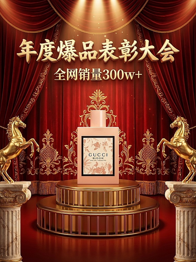 写实风，奢华感，主色调为高饱和亮红搭配奢华金色，舞台下方仰视视角。主体位于舞台上的双层金属圆形展台上（占30%视觉比例），顶部暖色聚光灯投射于主体，背景为垂坠感红色丝绒幕布（装饰金色走线），两侧装饰华丽金马造型欧式石柱（前景左右对称）。画面上方为3d金属细体亮金色文字“年度爆品表彰大会”，副标题金属小字“全网销量300w+”。