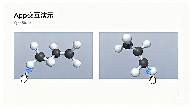 PPT3D分子交互演示页，纯白色背景简约科技风格。页面展示同一个有机分子模型的两个不同视角截图，表现鼠标拖动旋转查看的交互效果。分子模型为球棍结构，清晰立体，风格干净高级符合App Store设计感。