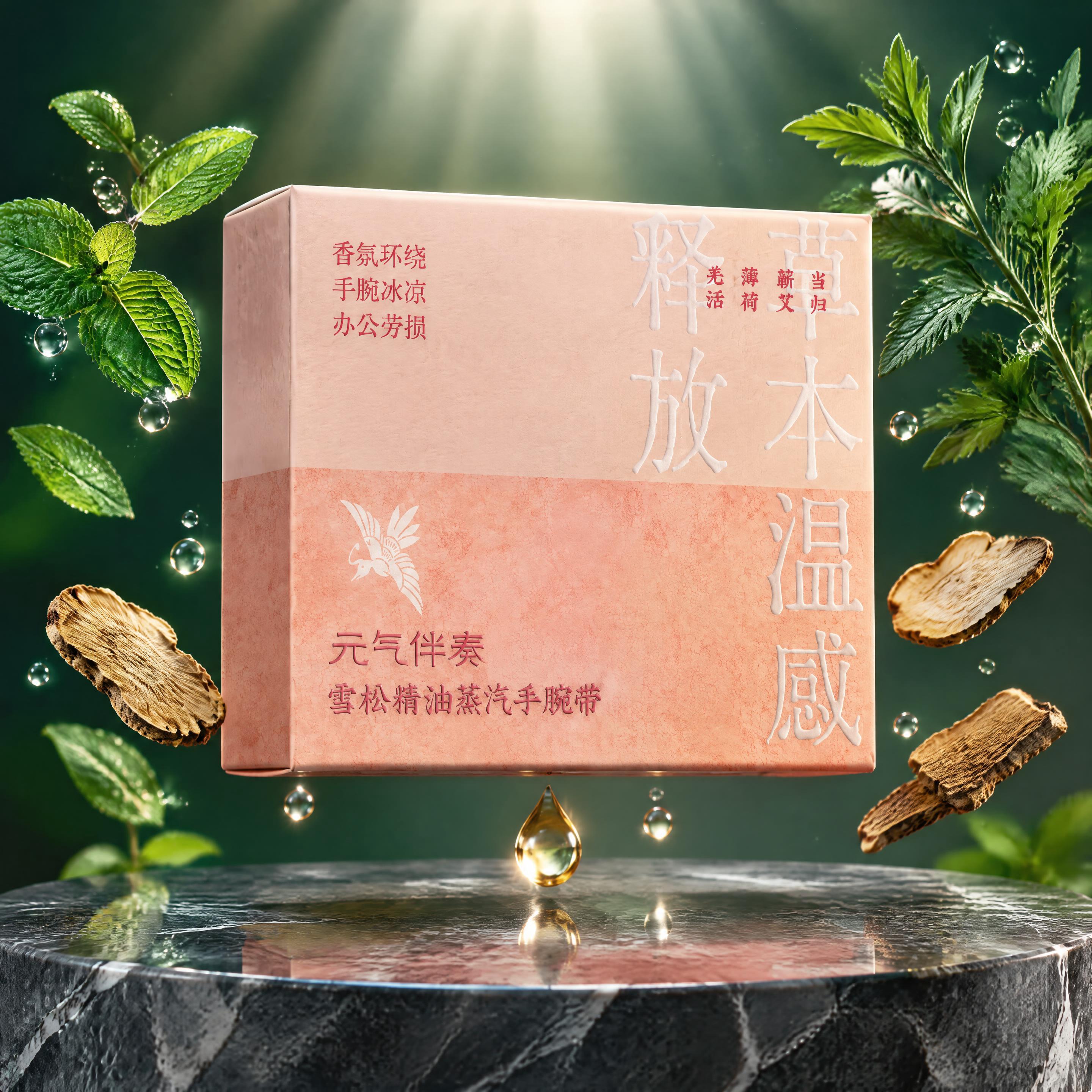 超写实商业产品摄影。 主体：元气伴奏雪松精油蒸汽手腕带产品包装… - 图片创意预览