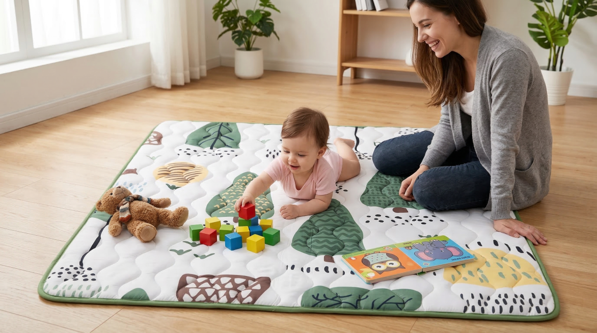 温馨家庭场景：婴儿爬爬垫平铺在浅橡木色地板上，周围散落彩色积木、毛绒小熊和绘本；一个1岁左右宝宝正趴在垫子上伸手抓玩具，母亲坐在一旁微笑注视；自然光从左侧窗户洒入，营造安全、舒适、童趣氛围；垫子图案清预览效果