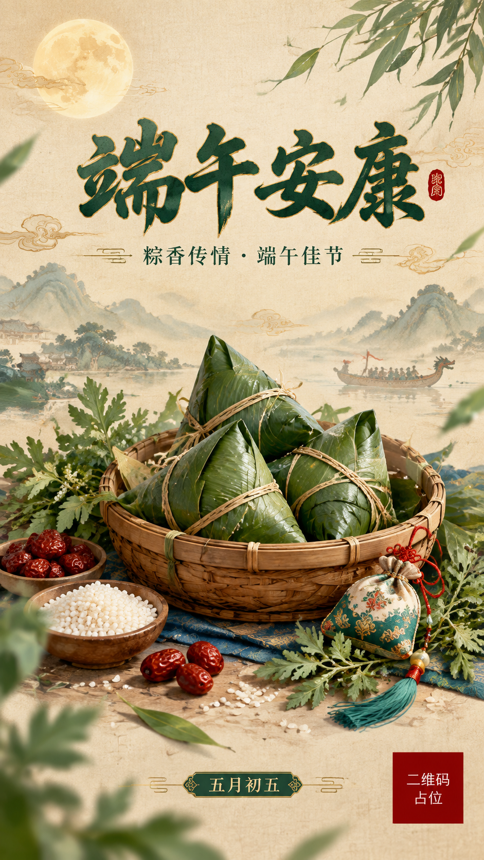 国风新中式工笔风格端午节粽子海报，竖版9:16。画面主体：中央… - 图片创意预览