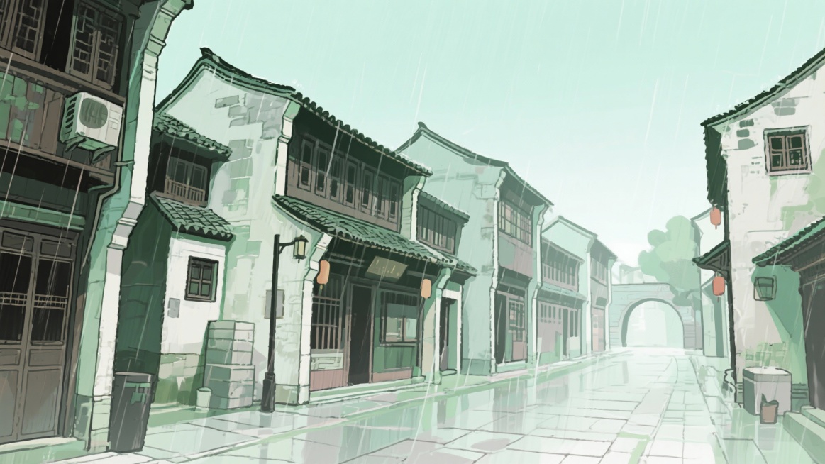 二次元古风，古城，江南烟雨，古街上，构图夸张，浅绿色，浅灰色，细节丰富，不要人物，生成2张，16:9预览效果