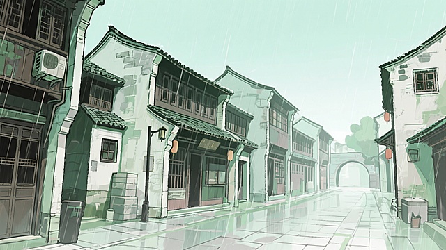 二次元古风，古城，江南烟雨，古街上，构图夸张，浅绿色，浅灰色，细节丰富，不要人物，生成2张，16:9