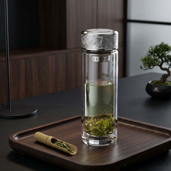 高档轻奢暗色系办公室商业摄影，简约大师布景，超写实质感。
主体：玻璃杯严格参照上传产品图，完整保留结构比例颜色，玻璃杯白皙通透明亮如水晶，崭新无瑕疵，盖子金属纹理质感清晰高档，产品占画面70%，近景绝预览效果
