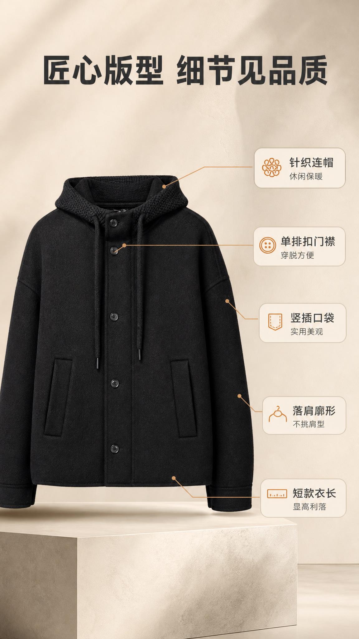 [商品] 使用【图1】男士黑色连帽短款毛呢大衣；商品处理：保留… - 图片创意预览