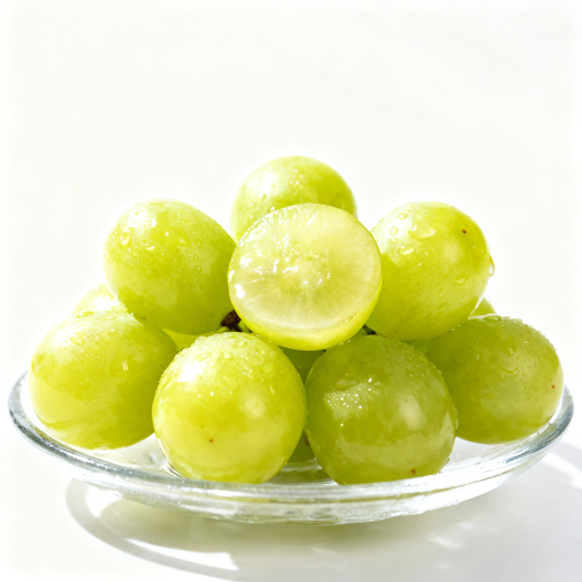 阳光玫瑰葡萄商品主图，纯白背景，果盘里摆放多颗阳光玫瑰葡萄粒，带水珠晶莹通透，居中展示，光影清晰，适合电商销售，诱人食欲预览效果