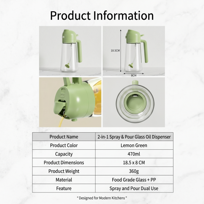 设计一款喷油壶产品介绍详情页，尺寸800X800，严格参考第一张图的产品，保留第一张的柠檬绿色玻璃喷油壶产品，参考第二张图的产品信息排版布局，将所有中文转换为英文，设计现代简约高端欧美跨境电商风格，去预览效果