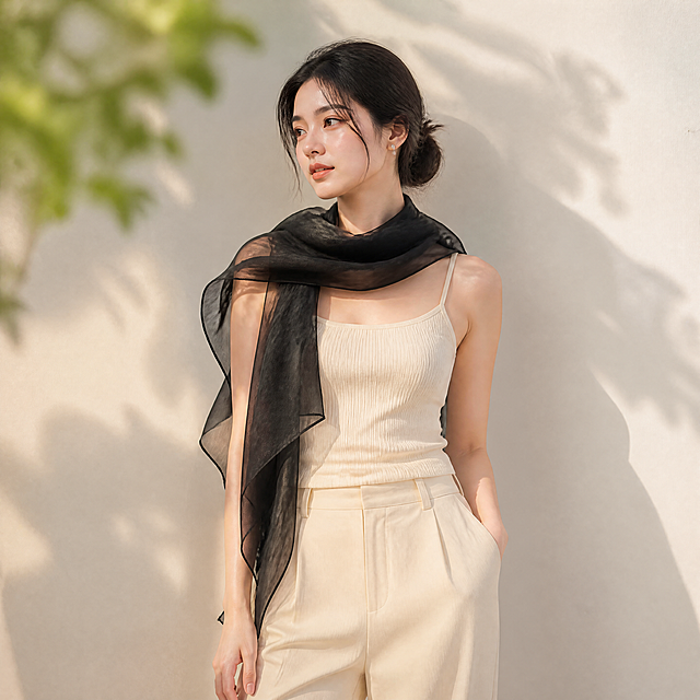 参考图1模特的面部特征和气质，头发低盘成慵懒丸子头，妆容清透自然，表情自然，佩戴简约珍珠耳饰；身穿米白色背心针织吊带上衣，下身穿米白色休闲裤。将图2的黑色真丝纱巾自然佩戴在模特颈部和肩部，丝巾顺滑无褶皱，呈现真丝纱巾的通透质感与垂坠感。保留图3的浅素色墙面+虚化绿植+柔和自然光场景，移除图3原有人物，柔和暖调自然光打在人物身上，光线柔和。整体画面干净无多余杂物，高清8K细节清晰，构图为模特上半身到大腿位置的完整特写，商业大片质感，风格高级简约，电商女装配饰实拍海报效果