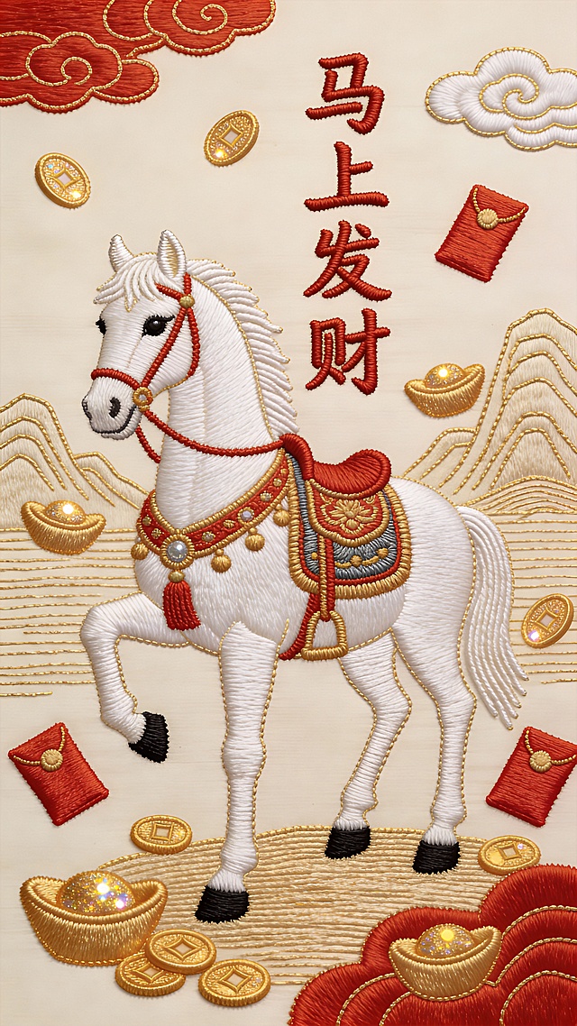 刺绣风工笔骏马，红金配色尽显国潮喜庆，重拟物手法呈现元宝红包，中式祥云山峦环绕，寓意“马上发财”，节日氛围浓厚。