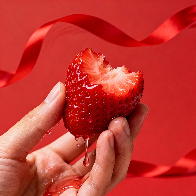 手拿流汁草莓红色背景，有飘带