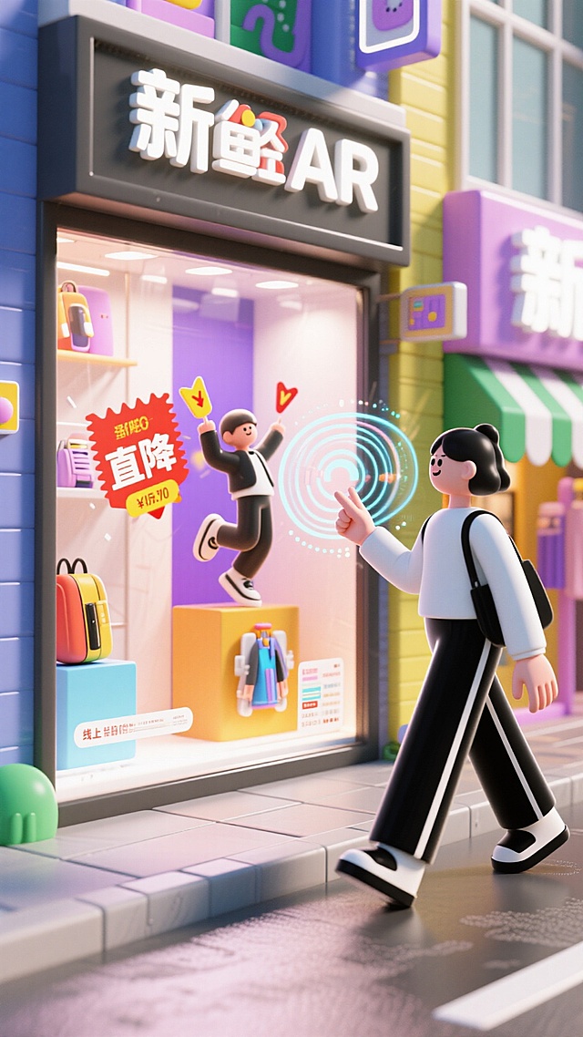 软3D风格融合孟菲斯色彩与霓虹灯元素，卡通人物互动AR科技场景，未来感十足的虚拟现实购物体验。