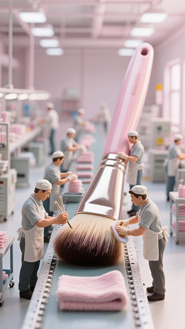 整体粉白色调。车间里，一群流水线员工在制作一支巨大的美妆刷，有的在修剪刷毛，有的在擦拭，有的在梳刷毛，有的在洗毛巾；环境明亮干简洁。