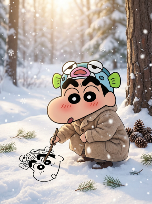 画面主视觉是图示人物蹲在雪地上用树枝画自画像（画像为日漫风，无色彩），并与自画像合影，，穿浅棕毛呢外套。周围落松针、飘雪花，树下堆松果。预览效果