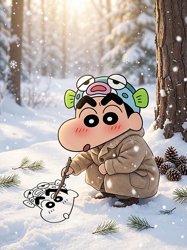 画面主视觉是图示人物蹲在雪地上用树枝画自画像（画像为日漫风，无色彩），并与自画像合影，，穿浅棕毛呢外套。周围落松针、飘雪花，树下堆松果。