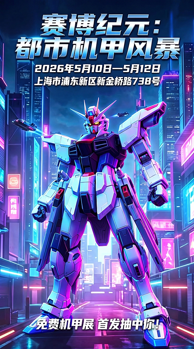 将海报中的EVA初代机主体替换成图二中的自由高达主体，保持海报原有背景赛博都市夜景、所有文字信息和整体布局不变，风格统一为赛博机甲风，适配海报尺寸