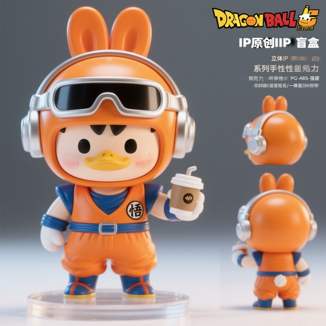 一个3D盲盒风格的机器鸭子IP形象，身着橙色龙珠孙悟空战斗服，蓝色护肩与腰带，胸前有“悟”字标志，头戴橙色兔耳头盔，配备银色护目镜和耳机，手持咖啡杯，透明背景，多角度视图（正面、45度侧视、背面、顶部预览效果