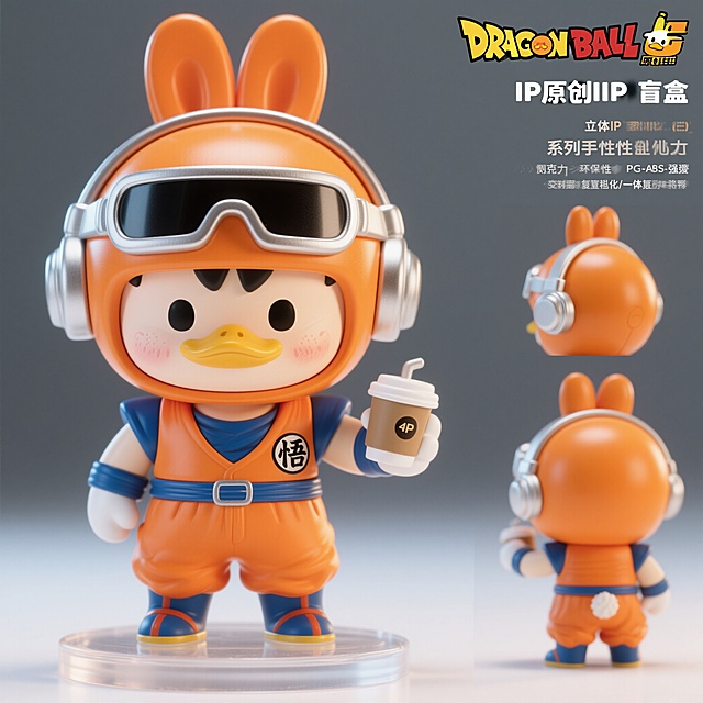 一个3D盲盒风格的机器鸭子IP形象，身着橙色龙珠孙悟空战斗服，蓝色护肩与腰带，胸前有“悟”字标志，头戴橙色兔耳头盔，配备银色护目镜和耳机，手持咖啡杯，透明背景，多角度视图（正面、45度侧视、背面、顶部俯视），可爱童趣，柔和色彩，高清细节