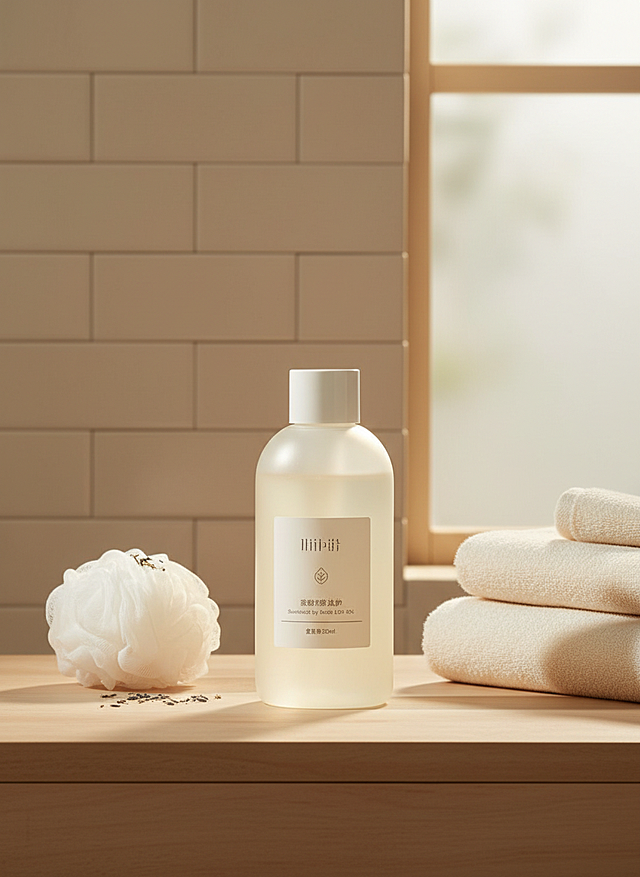 制作这瓶沐浴露的电商主图，把它放在治愈的浴室场景，旁边有浴巾和浴球
