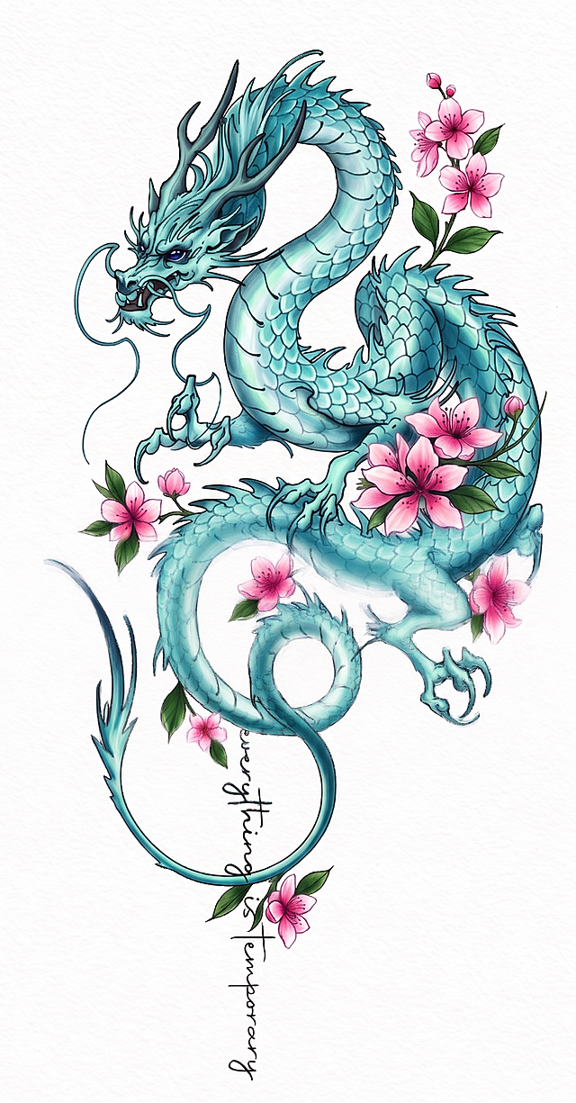 保持樱花构图和深蓝色眼睛不变，将龙整体修改为青色青龙，鳞片渐变青色，保持整体绚丽手绘风格，背景设置为纯白色