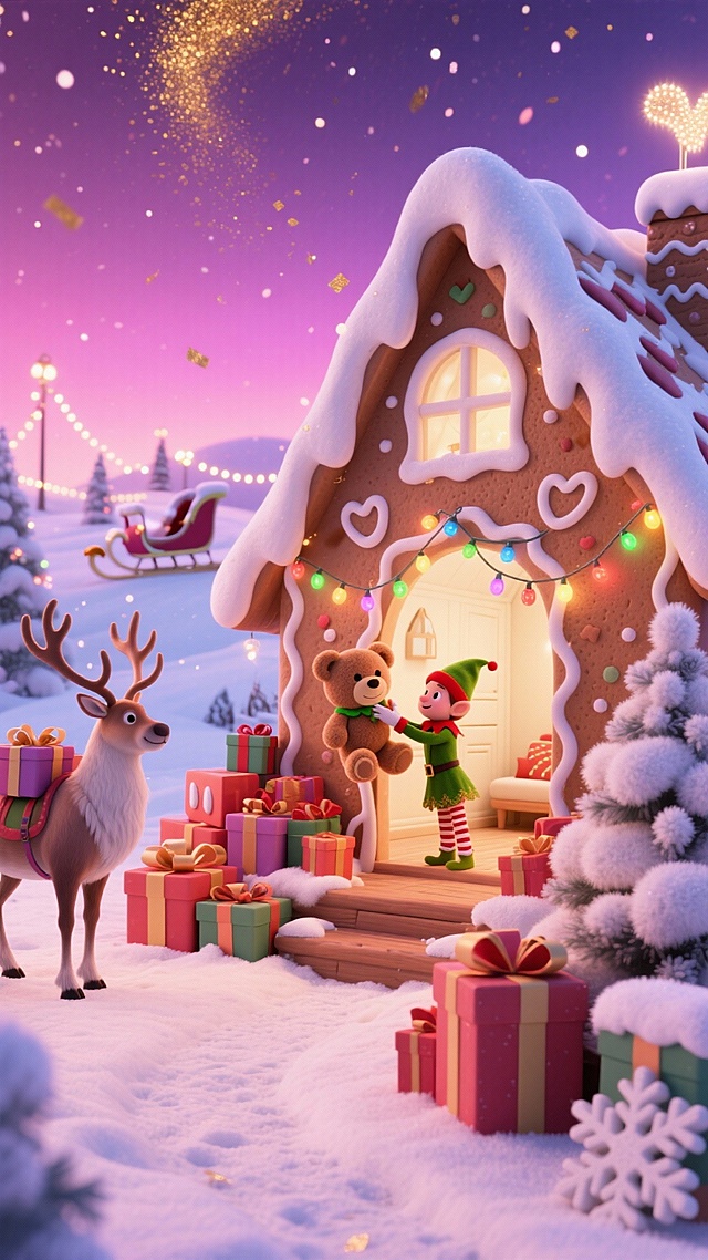 覆雪巨型姜饼屋立体场景：内部奶油色空间里，圣诞精灵正给小熊玩偶挂彩灯，里面堆满礼盒；外部左侧驯鹿驮礼物袋，右侧堆着毛绒雪花。背景粉紫渐变夜空飘金粉，远处亮灯雪橇错落。