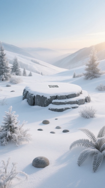 一片覆盖着洁白细腻雪层的宁静山谷，中央放置着一块表面积着薄雪、边缘露出深灰岩石纹理的圆形石阶，周围点缀着被霜覆盖的矮松和带着冰晶的蕨类植物，地面散落着几颗圆润的鹅卵石，背景是渐变的淡蓝色天空，晨光从左侧温柔洒落，在雪地上形成柔和的光影渐变，整体呈现清冷纯净的冬日氛围，画面中无任何文字及二维码元素。预览效果