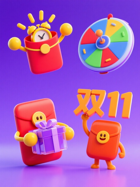 4个物品组合，紫色渐变背景，上下两行，排列整齐，高饱和度配色。左上角第一个：主体为拟人化红包两侧有黄色球状手臂，红包冒出一个黄色闹钟；右上角第二个：一个飞碟造型的彩色转盘；左下角第三个：主体为拟人化红预览效果