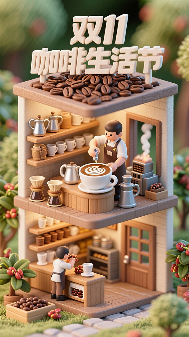 软3D粘土风微缩咖啡屋，温馨可爱，趣味十足，展现双11咖啡生活节的治愈日常。