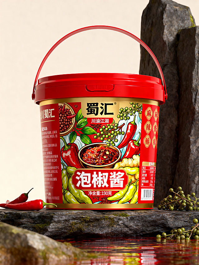 竖版高桶设计的蜀汇泡椒酱包装，正面视角，远构图，川渝江湖麻辣风格，保留全部文案信息，不包含违规内容