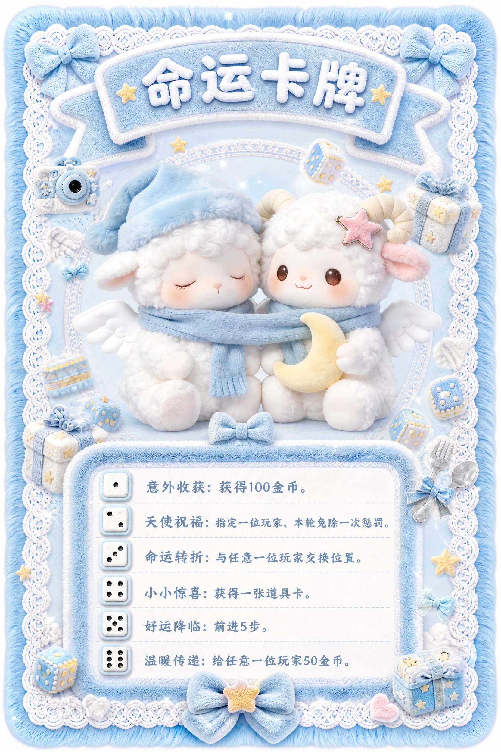 参考图中的两只毛绒小羊玩偶形象，设计一张大富翁命运卡牌。卡牌为… - 图片创意预览