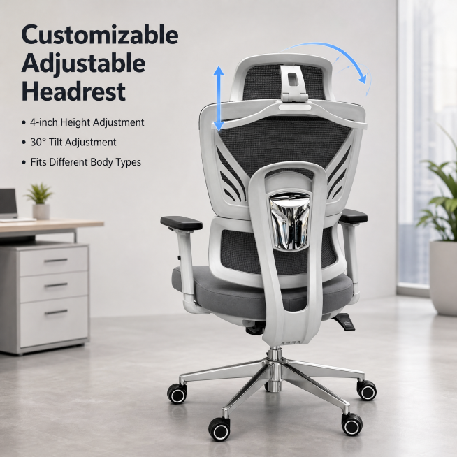 [Main Image 5] Adjustable headrest function display of ergonomic office chair. Show the adjustable r预览效果
