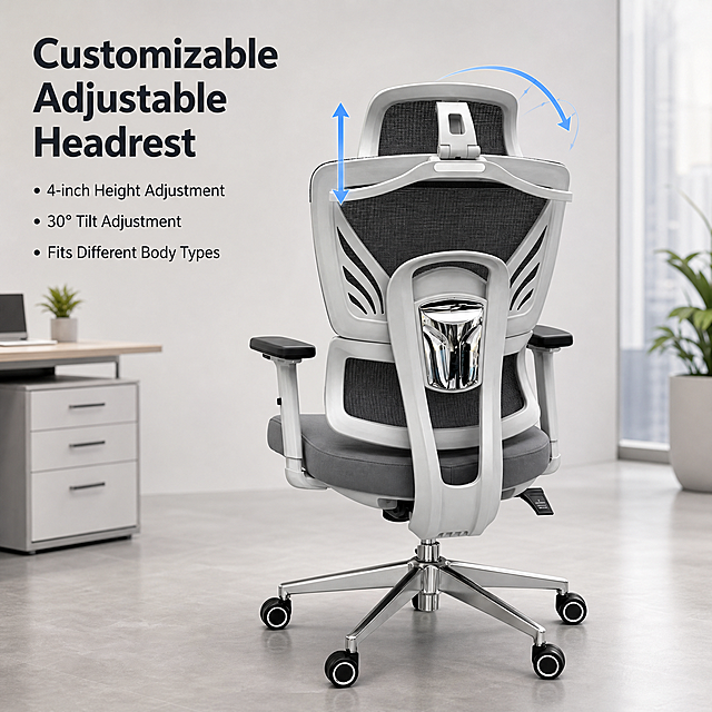 [Main Image 5] Adjustable headrest function display of ergonomic office chair. Show the adjustable range of the headrest, use arrows to indicate the adjustable direction and angle. Keep the office chair's appearance (physical structure, material texture, gray and white color) absolutely consistent with the input product image, eliminate any deformation and chromatic aberration, refined processing.
[Atmosphere style] Functional display, clear and intuitive.
[Image quality] Commercial photography texture, soft and transparent light, clear and real product, clean and advanced picture.
[Elements] The chair is placed in a simple office background, focus on the headrest adjustable structure, add thin arrows to mark the up and down tilt adjustment direction. Full screen without border.
[Lighting] Soft and uniform studio lighting, the functional area is clearly illuminated, no shadow obstruction.
[Color matching] Main tones are gray and white, the arrows use soft blue, prominent and not abrupt. Simple and clean.
[Perspective composition] 3/4 side view, centered composition, focus on the headrest adjustment structure.
[Text layout] Left-aligned title in the upper left "Customizable Adjustable Headrest", large bold font. The following function points: "• 4-inch Height Adjustment" "• 30° Tilt Adjustment" "• Fits Different Body Types", text size contrast clear, no occlusion to the product.
[Proportion resolution] 1:1 proportion, 2048x2048px, 2K resolution, all English clear.
[Negative prompt] Deformation, watermark, text confusion, blurred product, cluttered background, Chinese characters.