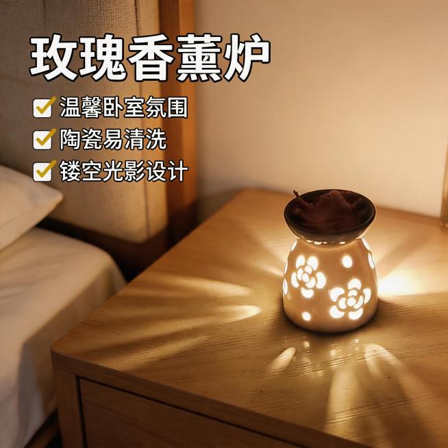 玫瑰花熏香炉商品主图，简约设计，灯光温馨，摆放于卧室床头柜上，营造温馨氛围感，突出商品适配卧室，简约易清洗的卖点，拼多多平台商品图，1:1正方形构图，高清商品摄影预览效果