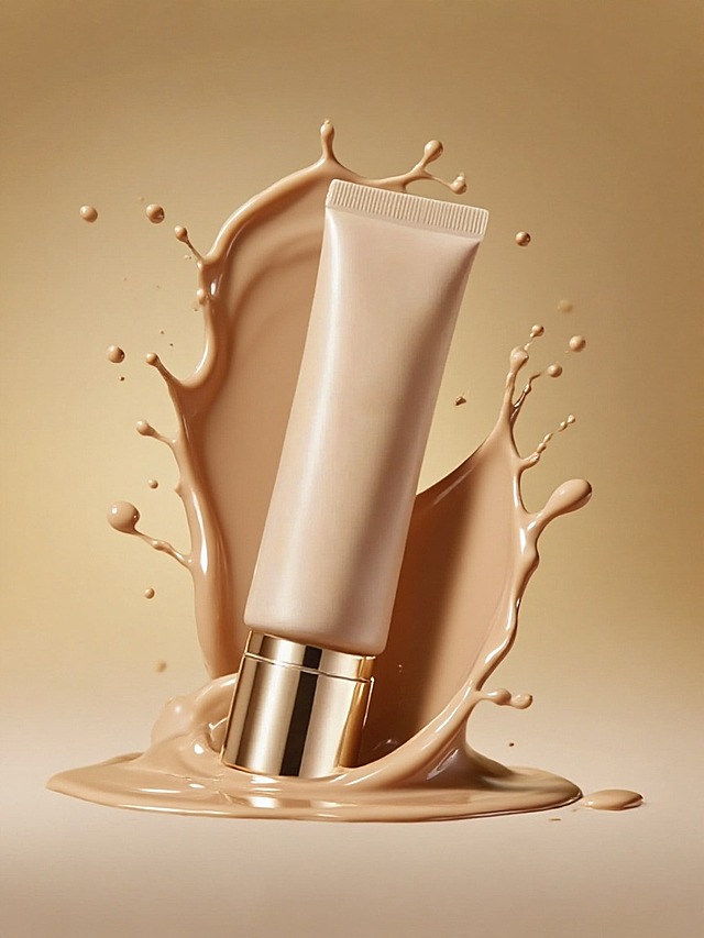 周围环绕着飞溅、流淌的同色系粉底液液体，液体光滑、富有光泽，整体风格简约高级，光线柔和，金色渐变背景