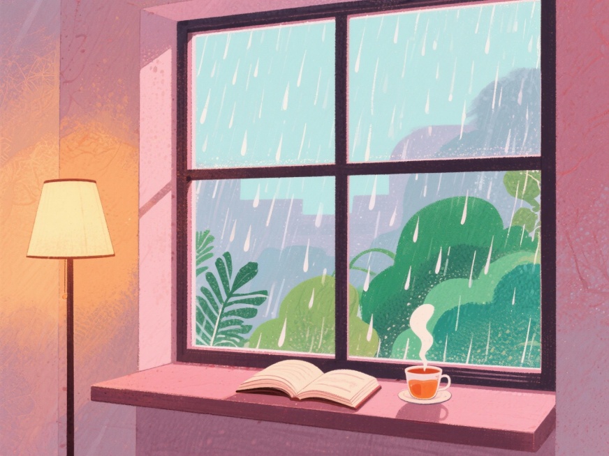 室内窗边场景，窗外雨丝细密如帘，世界笼罩在朦胧诗意中，雨滴轻敲窗棂，窗台上摆放着一本翻开的书和一杯冒着热气的茶，室内温暖柔和的灯光，窗外万物洗去尘埃焕发出清新绿意，整体氛围宁静治愈预览效果
