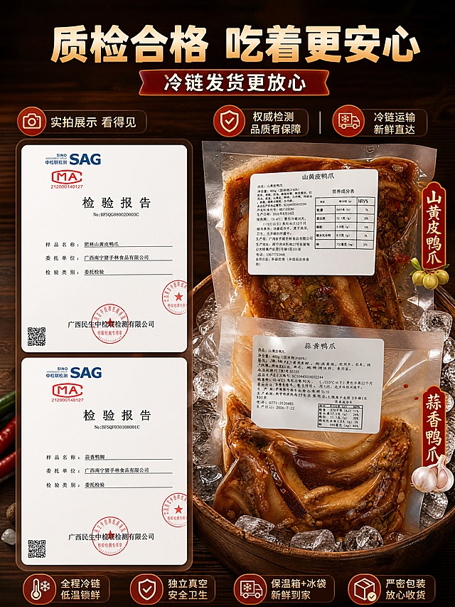 [商品] 使用【图7】山黄皮鸭爪质检报告、【图8】蒜香鸭脚质检报告、【图5】山黄皮鸭爪袋、【图6】蒜香鸭爪袋；保留质检报告的抬头、公章、编号、样品名称等关键信息原貌，保留包装袋标签文字；仅做清晰化处理，不修改报告内容。
[画面] 目标：质检合格+冷链发货双重信任背书，让消费者放心购买。构图：左右分栏结构，左侧质检报告区（两份报告上下叠放展示），右侧产品实拍+冷链元素区。主体占画面70%。景别：信息展示中景。阅读动线：从左质检到右产品再到标题。前中后景：前景图标标签、中景报告+产品、后景深色背景。
[视觉] 套系策略：风格=大师级美食商业摄影，强食欲感，暖调光影；标题字=粗黑体+轻微圆角，厚重有力；正文字=简洁无衬线体，清晰易读；主色=酱红棕+暖橙；背景延展=深棕色渐变背景+细腻木质纹理暗角，同色系深浅层级；强调色=辣椒红，仅用于小面积标签、图标和高亮；标题色=米白色+暖橙渐变；正文色=浅米黄；组件=圆角半透明深色信息卡、细线引线、辣椒/山黄皮小图标；光影=均匀柔和暖光，信息清晰可读，阴影干净。
[文字] 顶部居中主标题「质检合格 吃着更安心」，副标题「冷链发货更放心」。左侧配「实拍展示 看得见」小字，右侧配「质检元素+冷链+产品实拍 做安心收口」相关说明（转化为：权威检测 品质有保障 + 冷链运输 新鲜直达）。全部横排，不遮挡报告关键信息。
[规格] 图片比例3:4竖版，4K分辨率，负向提示：避免变形、错字、文字过小、报告信息模糊、冷蓝背景、低画质。