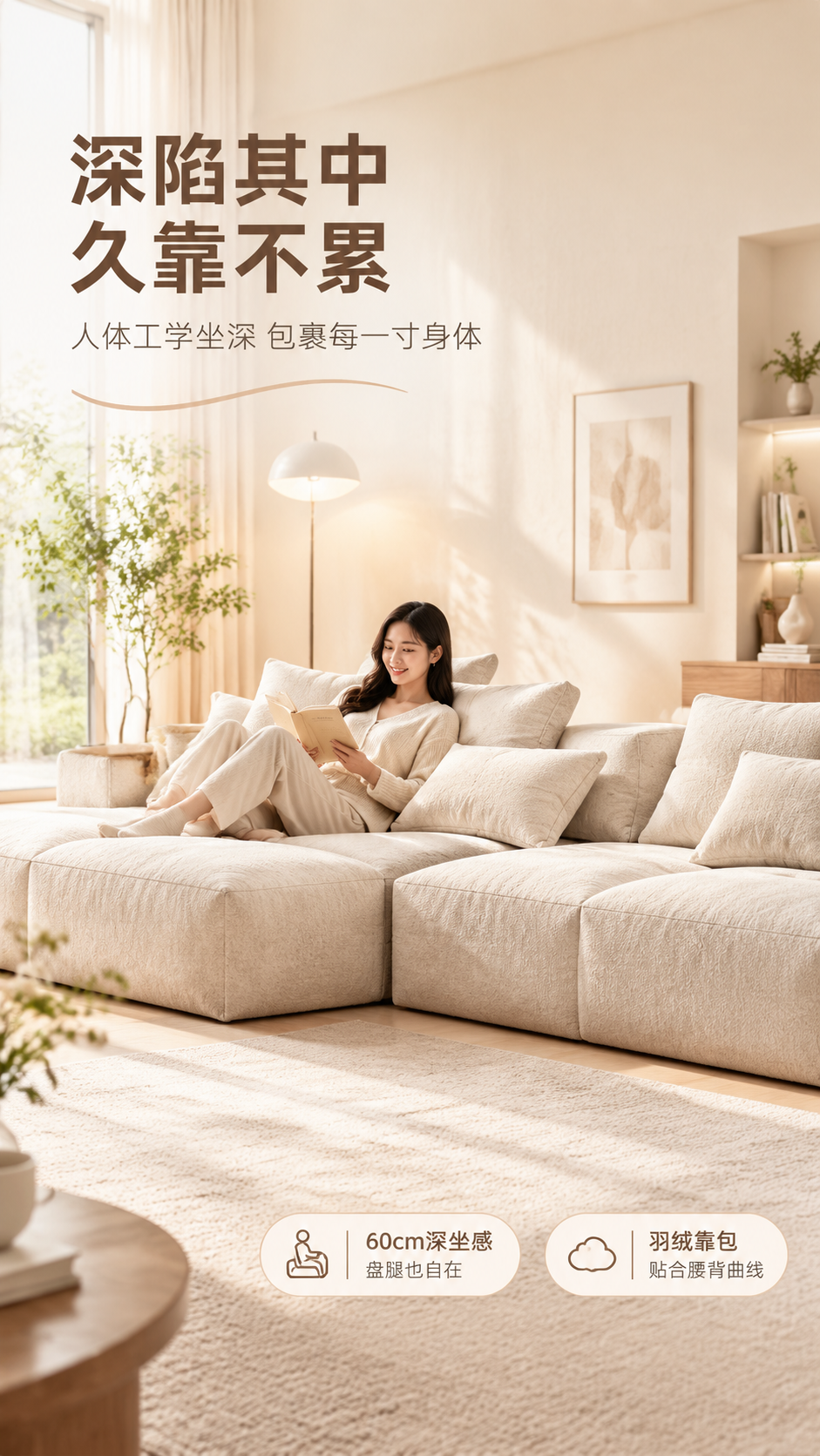 [商品] 使用【图1】米白色模块组合羽绒沙发；保留模块方块结构… - 图片创意预览