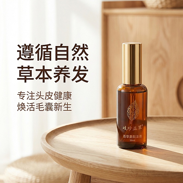 [主图 6 品牌理念宣传] 浅原木色家居背景，柔和自然光影，歧珍益草百草墨靓泽液单瓶放置画面偏右位置，左侧留白悬浮品牌宣传文字。主标题“遵循自然 草本养发”，副标题“专注头皮健康 焕活毛囊新生”，字体采用简洁无衬线体，深浅对比，层级分明，整体舒适简约家居治愈风格，保持画面呼吸感，不遮挡产品主体。