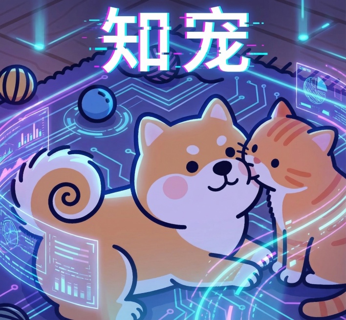 在现有猫狗插画背景基础上，添加文字“知宠”，整体画面营造出强烈的科技感，保持原插画主体内容不变预览效果
