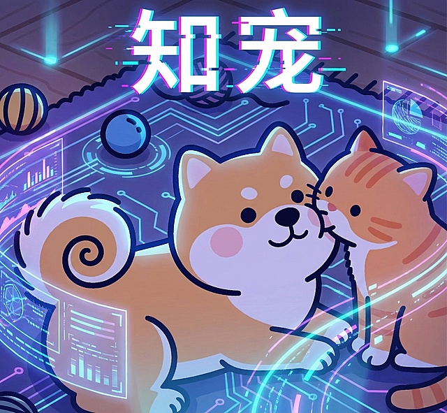 在现有猫狗插画背景基础上，添加文字“知宠”，整体画面营造出强烈的科技感，保持原插画主体内容不变