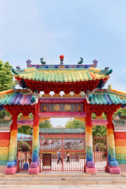 建筑整体呈现出全毛绒质感的风格，去掉字，毛绒有层次感，毛绒颜色为彩虹色调。建筑保留原始形状，各个部分都如同被柔软的毛绒材质精心包裹，“祖庙”二字要保留预览效果