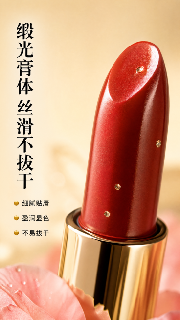 [第2屏] 口红膏体质地微距特写屏，展示娇兰砖红色口红丝缎质地。本屏使用【图1】的膏体部分作为参考，保留膏体颜色光泽特征。
[氛围/风格] 高级质感微距摄影，细腻柔焦，突出膏体细腻纹理，美妆商业大片质预览效果